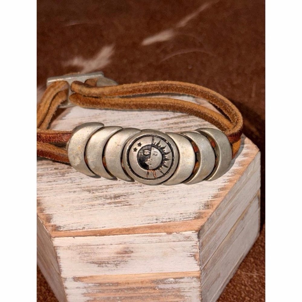 Sun & Moon Brown Leather Cord Bracelet